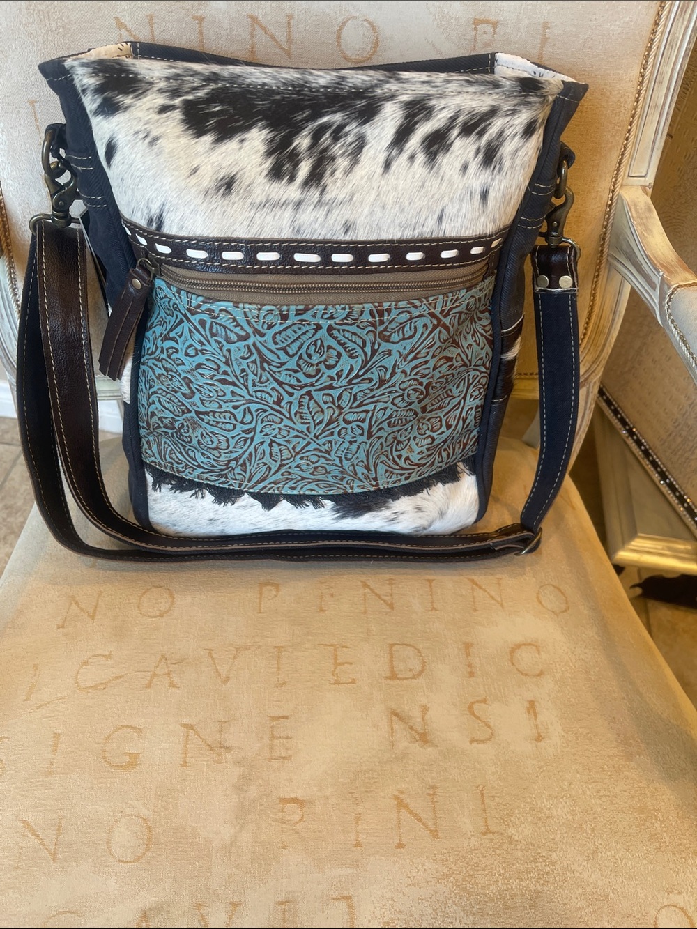 Myra Bag Turquoise Tooled Leather & Black White Cowhide Crossbody